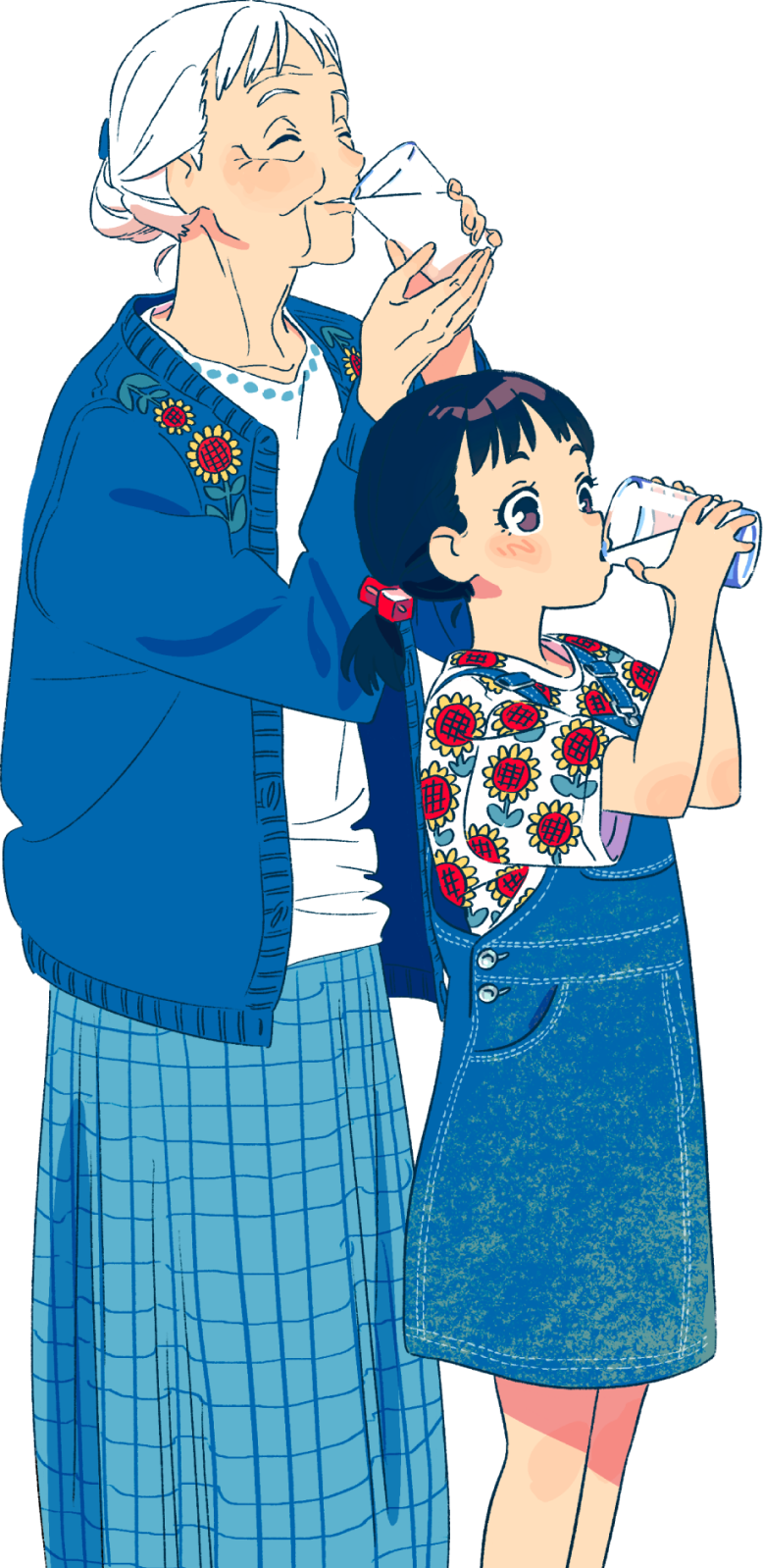 とろみひまわりミルクを飲むおばあちゃんと孫娘 イラスト